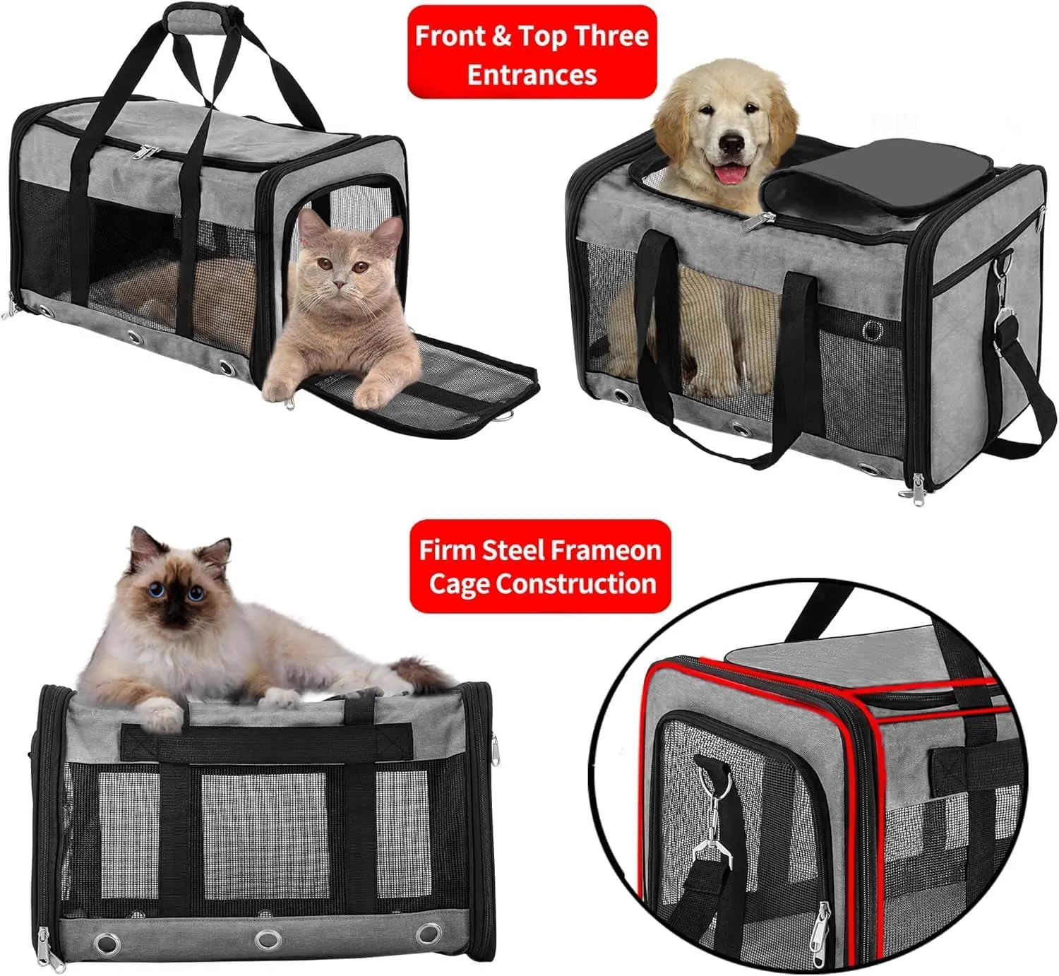 Soft Sided Cat/Dog Carrier,Collapsible Pets Travel Carriers for Pet/Puppy with Shoulder Strap & Removable Mat,Mesh Top Load Small Dogs/Cats Carry Bag Up to 17 Lbs TSA Airline ApprovedGrey,M