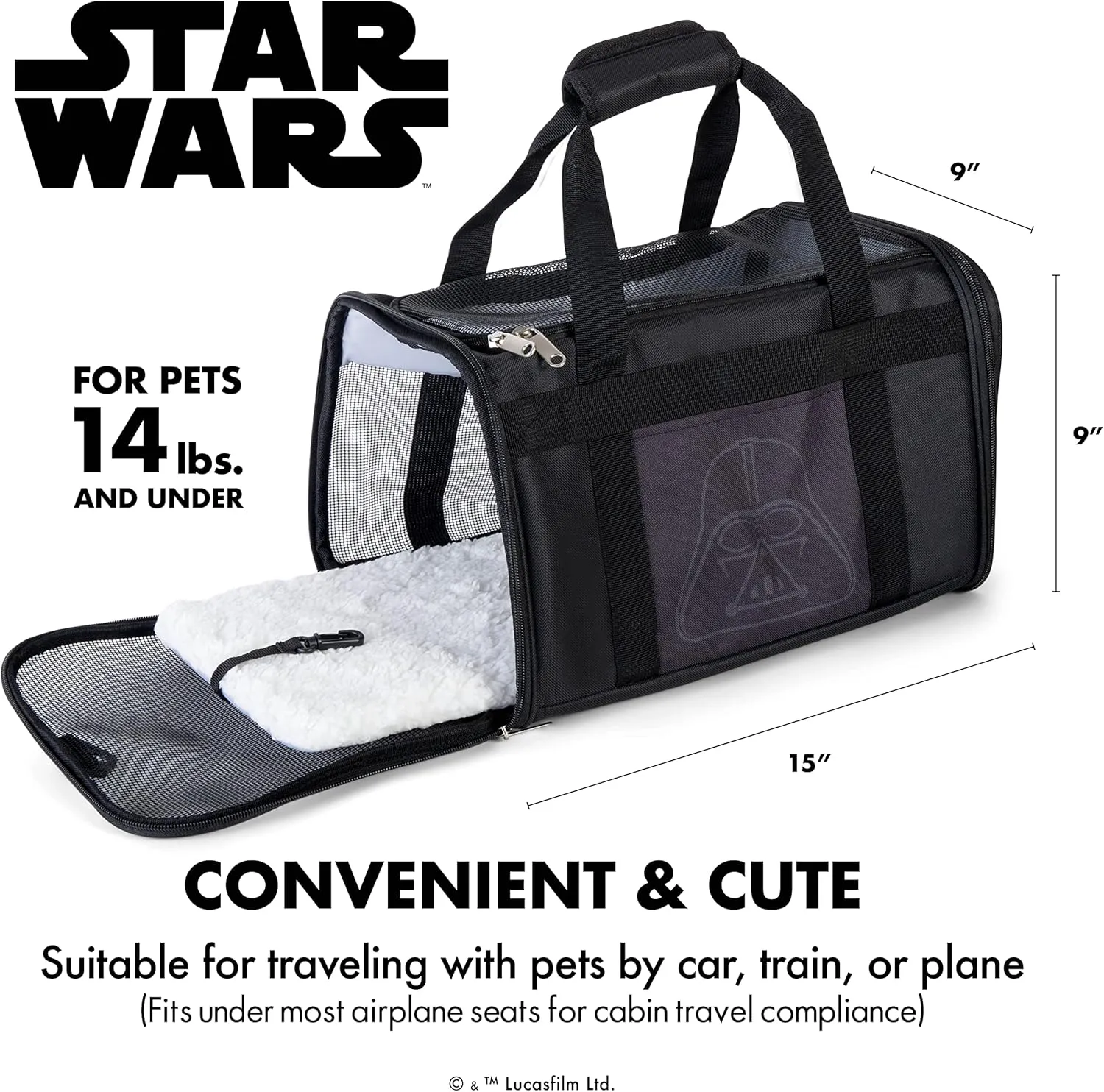 Star Wars for Pets Darth Vader Soft Pet Carrier 15 x 9 x 9 Black | for Pets 15 x 9 x 9 Dog Travel Bag| Luggage Carrier for Dogs, Fits Under Plane Seat (FF19635)