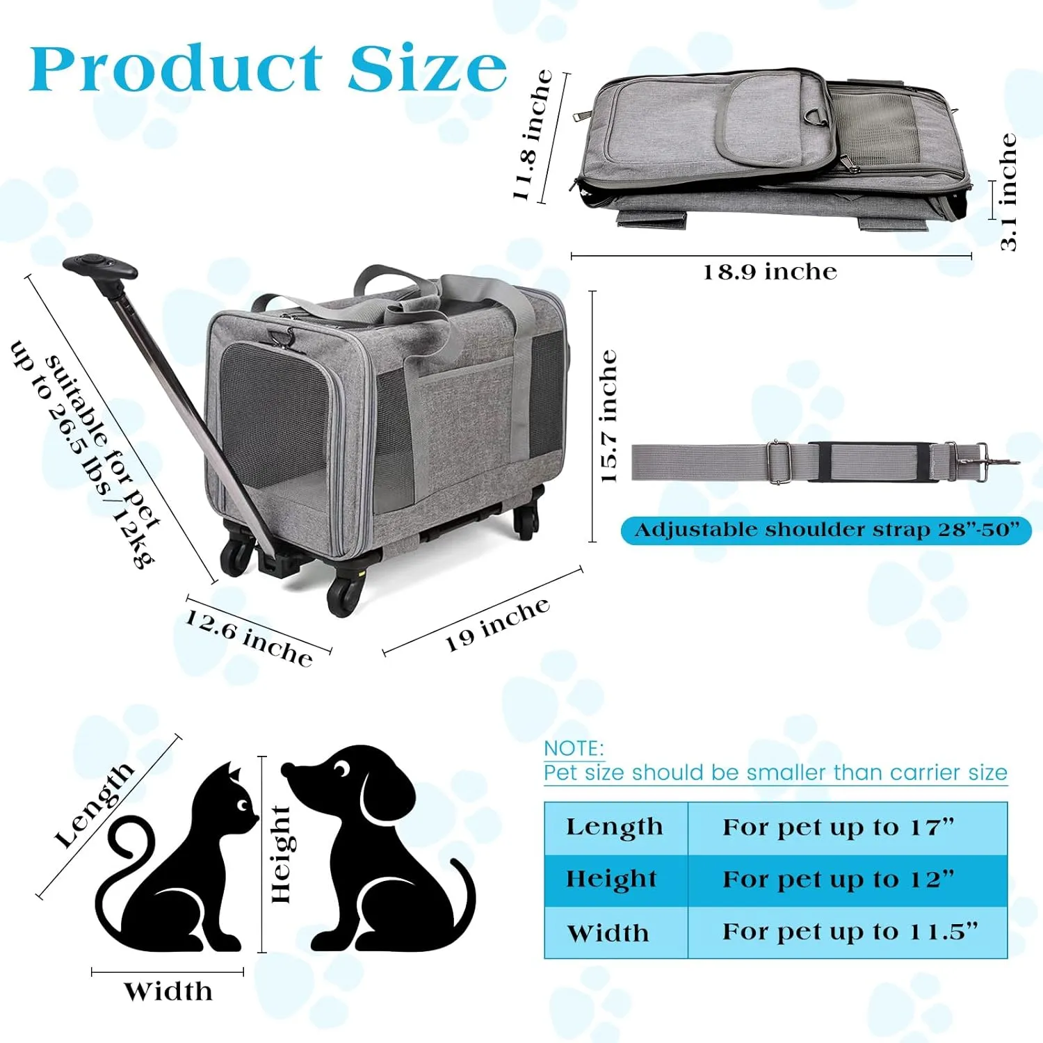 Suzile 2 Pcs Pet Carrier with Wheels Extra Large Cat Rolling Dog Carrier with Adjustable Straps and Telescopic Handle for up to 26.5 Lbs Pet Cats Medium Dogs Camping(Gray)
