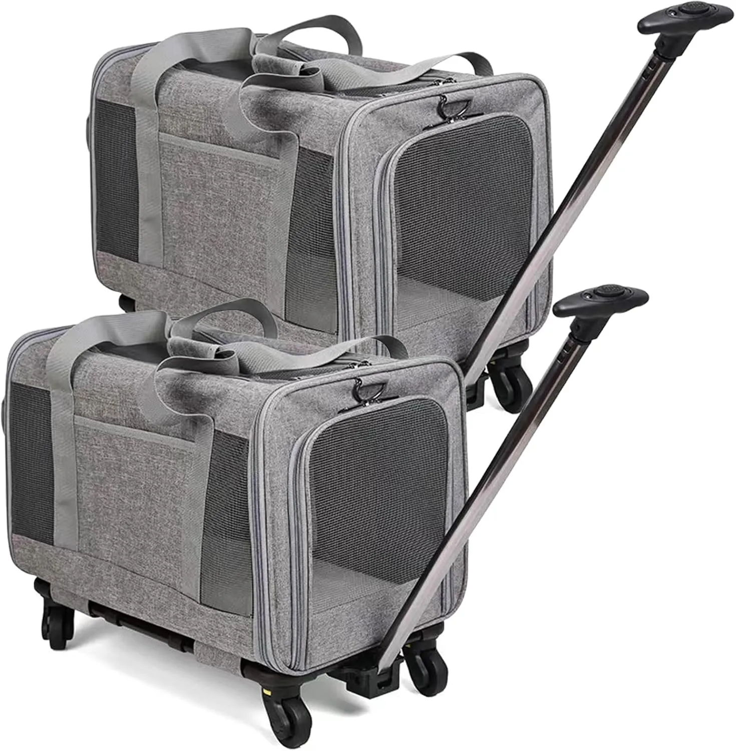 Suzile 2 Pcs Pet Carrier with Wheels Extra Large Cat Rolling Dog Carrier with Adjustable Straps and Telescopic Handle for up to 26.5 Lbs Pet Cats Medium Dogs Camping(Gray)