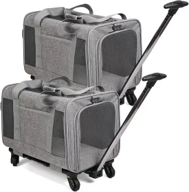 Suzile 2 Pcs Pet Carrier with Wheels Extra Large Cat Rolling Dog Carrier with Adjustable Straps and Telescopic Handle for up to 26.5 Lbs Pet Cats Medium Dogs Camping(Gray)
