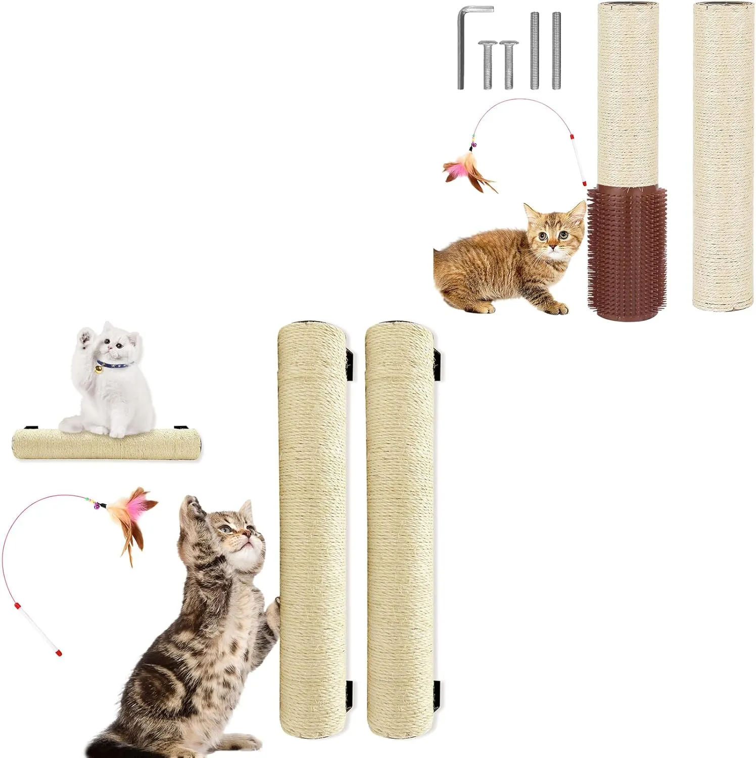Wall Cat Scratcher Post with Cat Scratching Post Replacement Pole Refill 16in M8 Cats Tower Replacement Parts with Self Groomer Massager Spare Jute Kitty Tree Refurbishment Accessories
