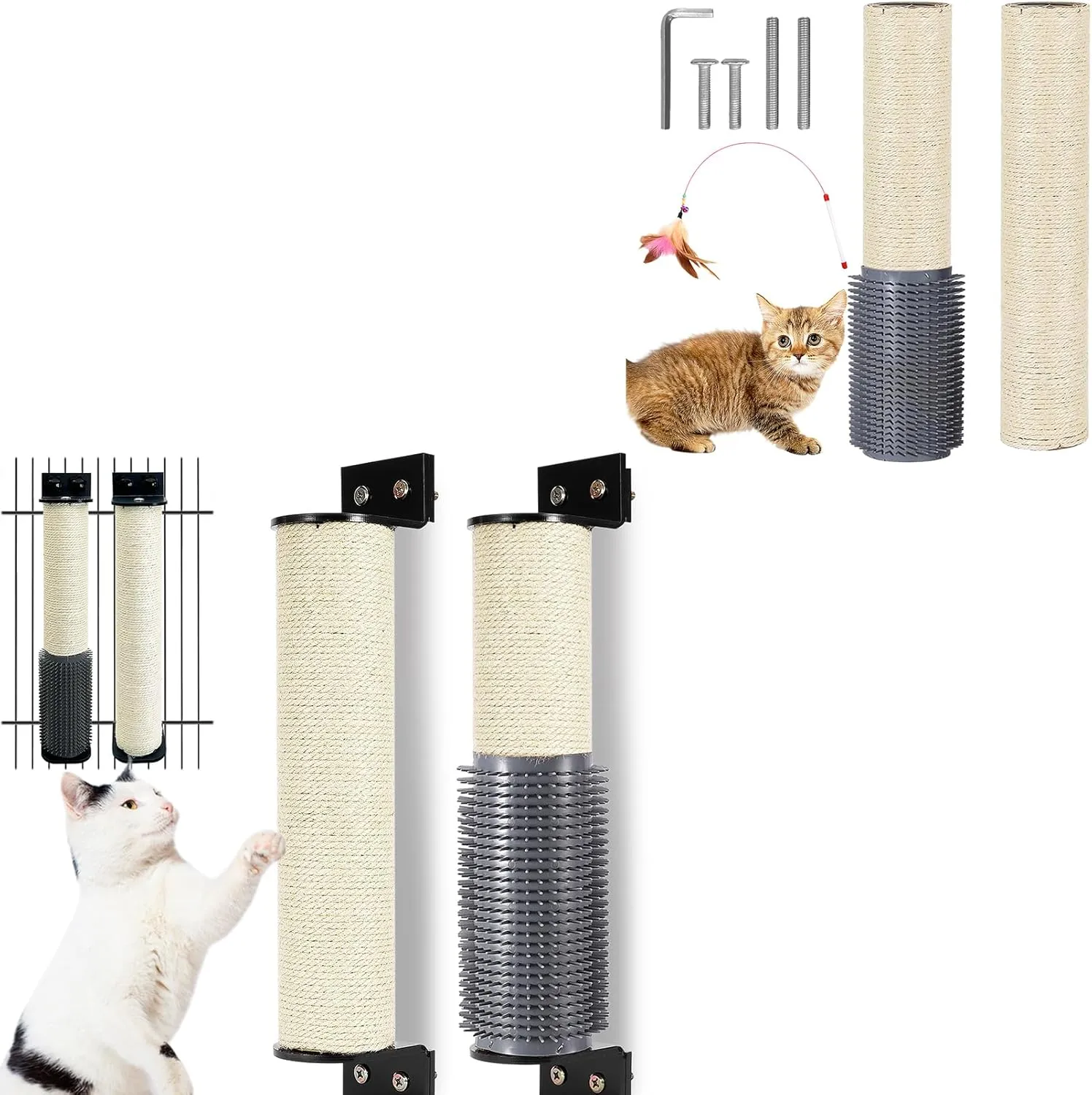 Wall Cat Scratcher Post with Cat Scratching Post Replacement Pole Refill 16in M8 Cats Tower Replacement Parts with Self Groomer Massager Spare Jute Kitty Tree Refurbishment Accessories