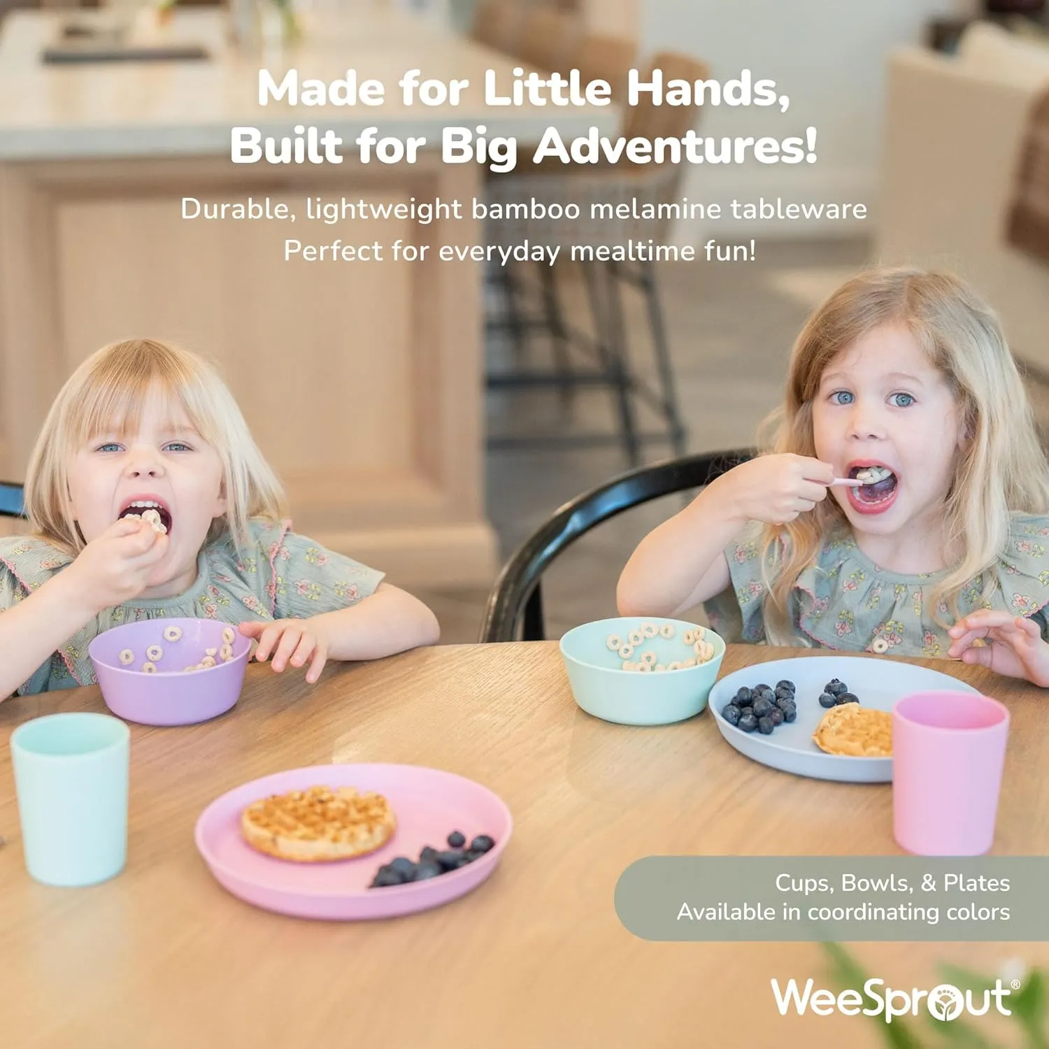 WeeSprout Bamboo Kids Bowls with Lids, Set of Four 10 oz Kid-Sized Dinnerware, Cereal, Leftovers & Snack Bowl, Dishwasher Safe (Blue, Green, Gray, & Beige)