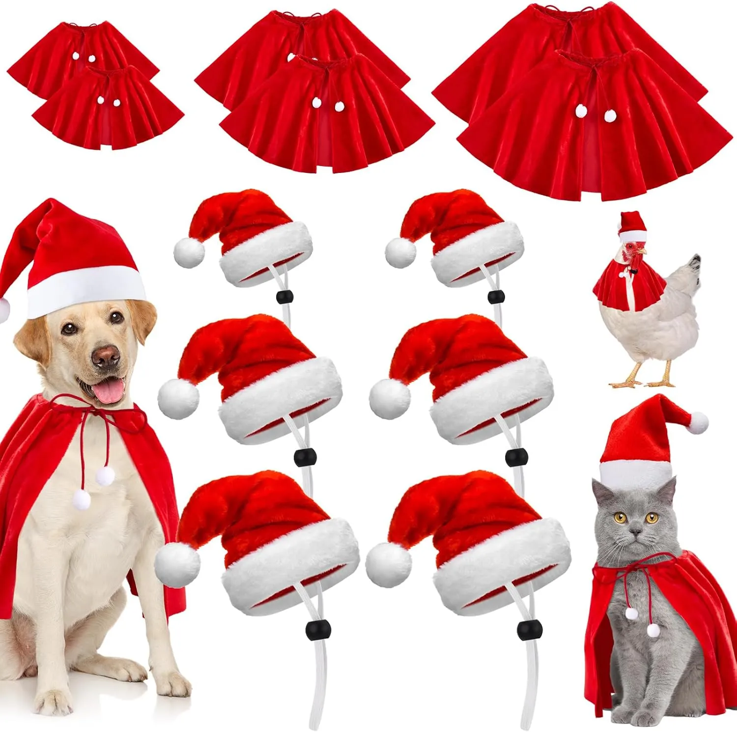 Weewooday 12 Pcs Christmas Outfit Pet Santa Hat with Adjustable Chin Strap Red Small Christmas Cat Clothes Cat Dog Costume Xmas Cloak for Poultry Hen Rooster Goose Duck Parrot New Year Party Cosplay