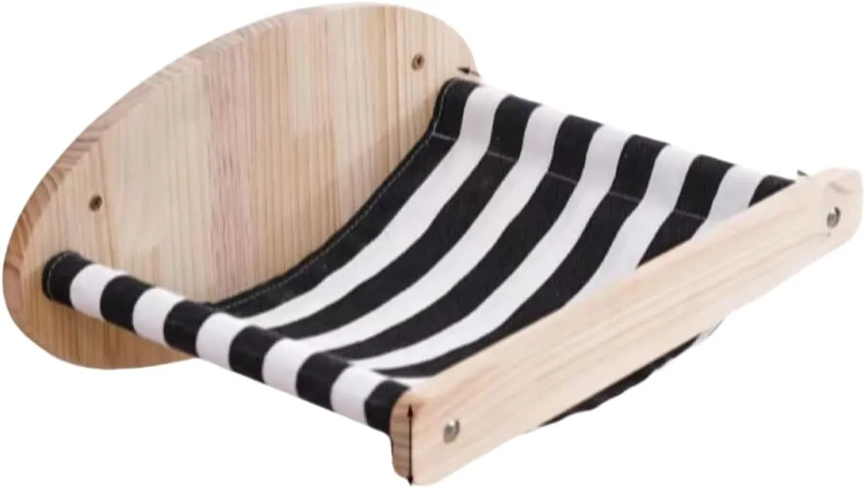Wooden Cats Hammock Wall-Mounted Cat Bed with Striped Cushion, Modern Pet Furniture (Stripes Hammock)