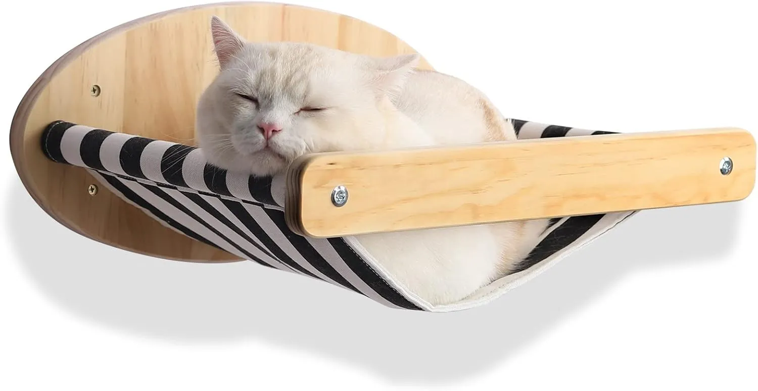 Wooden Cats Hammock Wall-Mounted Cat Bed with Striped Cushion, Modern Pet Furniture (Stripes Hammock)